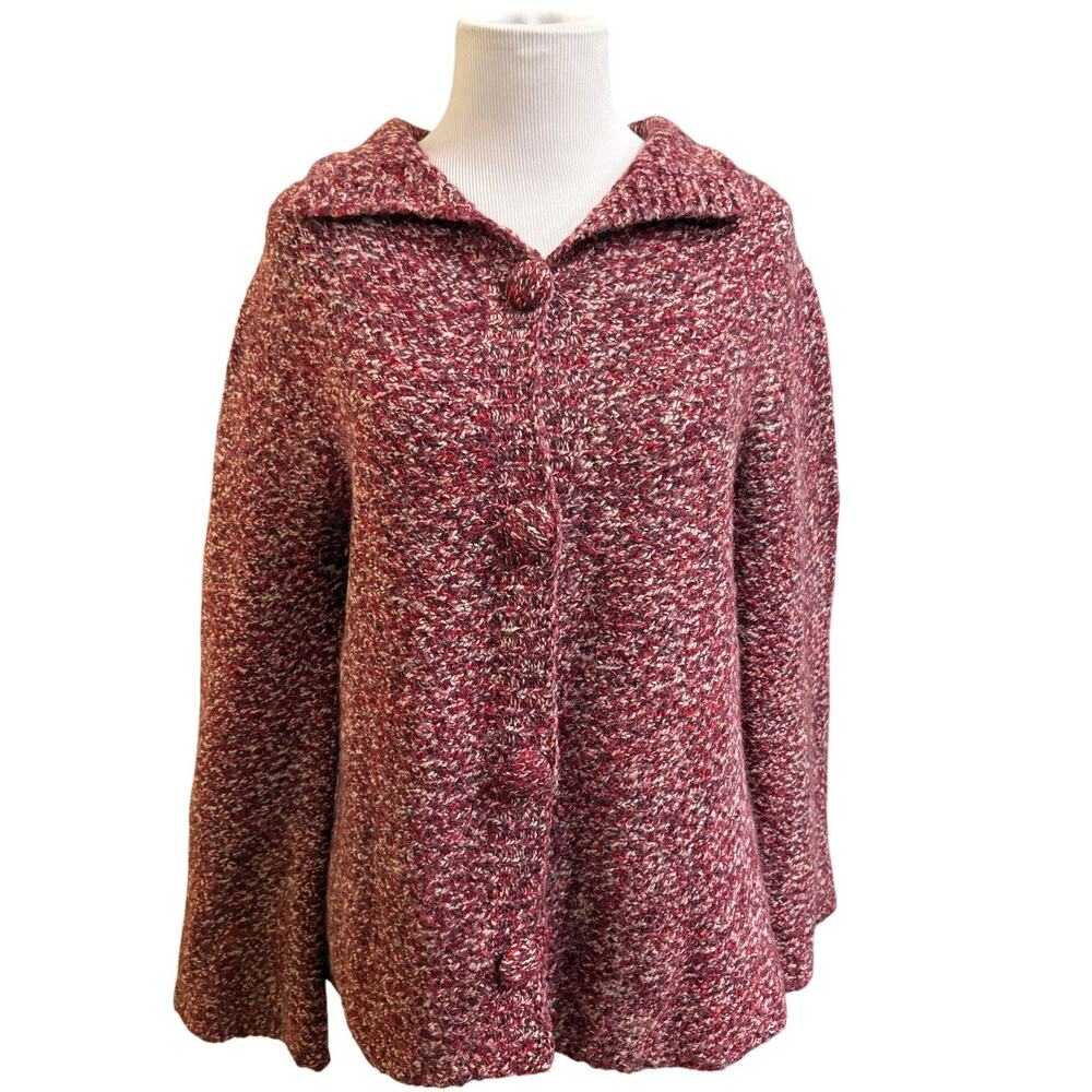 Margaret O'Leary Merino Wool Alpaca Marled Knit Cardigan Burgundy Covered Button